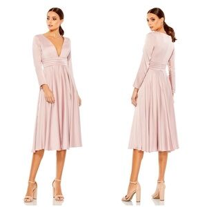 MAC DUGGAL Plunge Neck Satin A-Line Dress In Rose